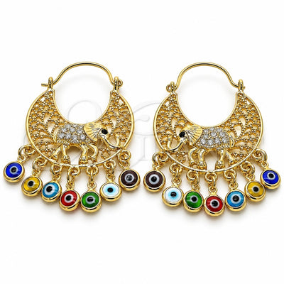 Oro Laminado Long Earring, Gold Filled Style Elephant and Evil Eye Design, with White and Black Crystal, Multicolor Resin Finish, Golden Finish, 02.380.0103.2
