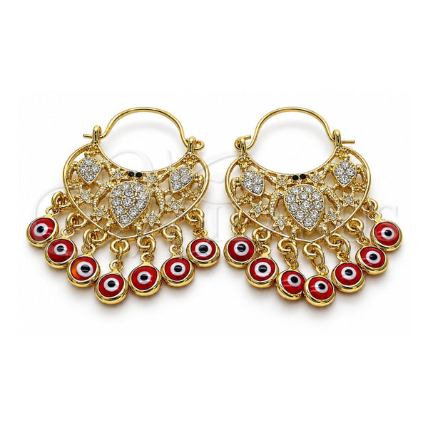 Oro Laminado Long Earring, Gold Filled Style Turtle and Evil Eye Design, with White and Black Crystal, Red Resin Finish, Golden Finish, 02.380.0104