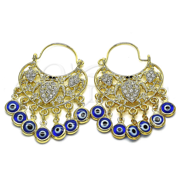 Oro Laminado Long Earring, Gold Filled Style Turtle and Evil Eye Design, with White and Black Crystal, Blue Resin Finish, Golden Finish, 02.380.0104.1