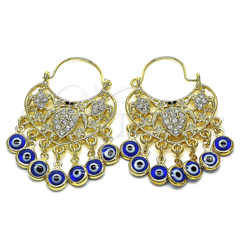 Oro Laminado Long Earring, Gold Filled Style Turtle and Evil Eye Design, with White and Black Crystal, Blue Resin Finish, Golden Finish, 02.380.0104.1