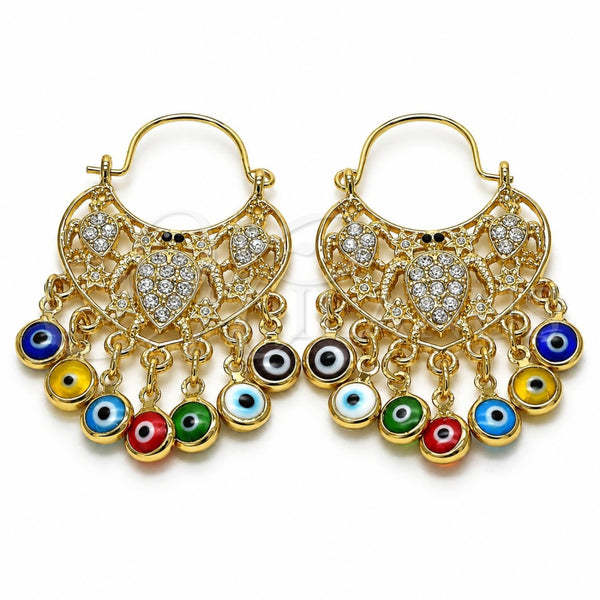 Oro Laminado Long Earring, Gold Filled Style Turtle and Evil Eye Design, with White and Black Crystal, Multicolor Resin Finish, Golden Finish, 02.380.0104.2