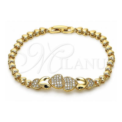 Oro Laminado Fancy Bracelet, Gold Filled Style Heart Design, with White Micro Pave, Polished, Golden Finish, 03.283.0168.08 (05 MM Thickness, 8 Inches Length)