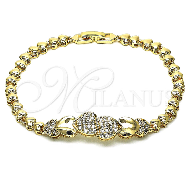 Oro Laminado Fancy Bracelet, Gold Filled Style Heart Design, with White Micro Pave, Polished, Golden Finish, 03.283.0168.08 (05 MM Thickness, 8 Inches Length)