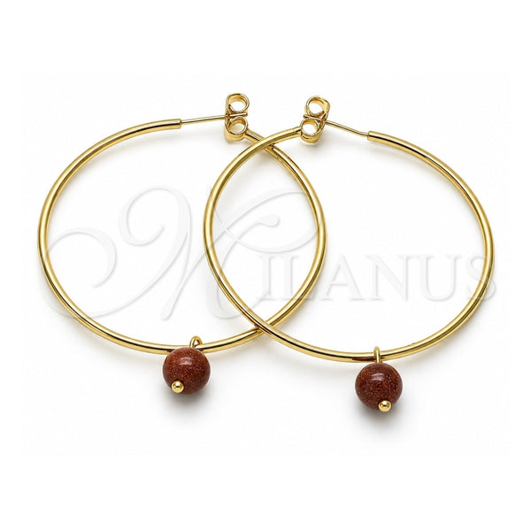 Oro Laminado Large Hoop, Gold Filled Style with Brown Goldstone Venturina, Polished, Golden Finish, 02.63.2744.50