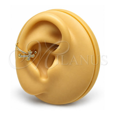 Oro Laminado Earcuff, Gold Filled Style Cross Design, with White Micro Pave, Polished, Golden Finish, 02.213.0377