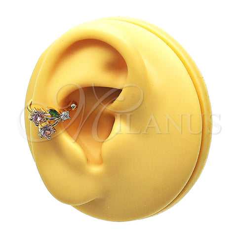 Oro Laminado Earcuff, Gold Filled Style Cherry Design, with Pink and Green Cubic Zirconia, Polished, Golden Finish, 02.213.0380