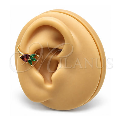 Oro Laminado Earcuff, Gold Filled Style Strawberry Design, with Garnet and Green Cubic Zirconia, Polished, Golden Finish, 02.213.0381