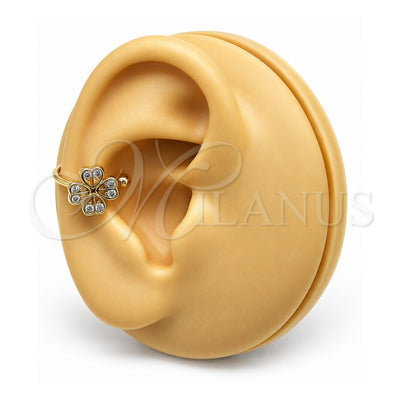 Oro Laminado Earcuff, Gold Filled Style Four-leaf Clover Design, with White Cubic Zirconia, Polished, Golden Finish, 02.213.0393