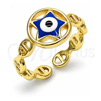 Oro Laminado Elegant Ring, Gold Filled Style Evil Eye and Star Design, Blue Enamel Finish, Golden Finish, 01.213.0021 (One size fits all)