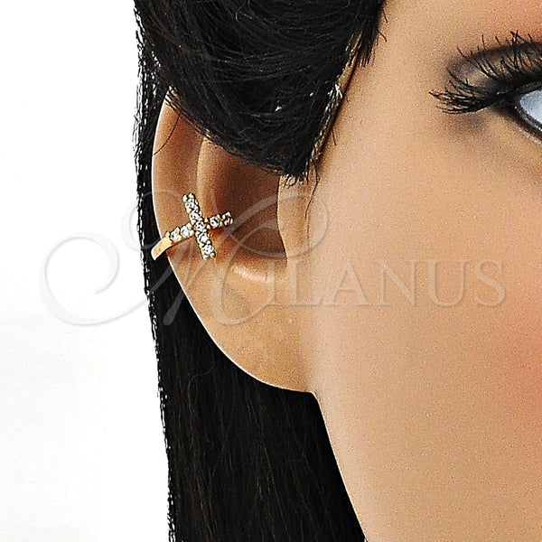 Oro Laminado Earcuff, Gold Filled Style Cross Design, with White Micro Pave, Polished, Golden Finish, 02.210.0675