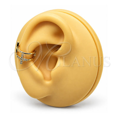 Oro Laminado Earcuff, Gold Filled Style Cross Design, with White Micro Pave, Polished, Golden Finish, 02.210.0676