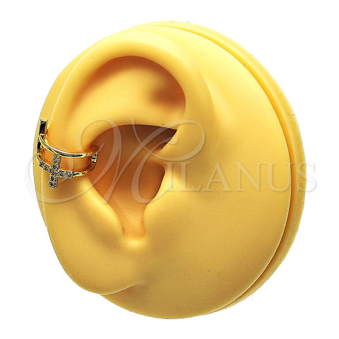 Oro Laminado Earcuff, Gold Filled Style Cross Design, with White Micro Pave, Polished, Golden Finish, 02.210.0676