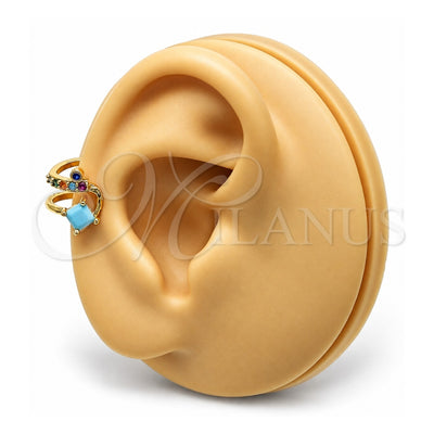 Oro Laminado Earcuff, Gold Filled Style with Multicolor Micro Pave and Turquoise Cubic Zirconia, Polished, Golden Finish, 02.210.0677.1