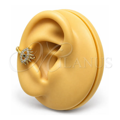 Oro Laminado Earcuff, Gold Filled Style Evil Eye Design, with White and Black Micro Pave, Polished, Golden Finish, 02.210.0681