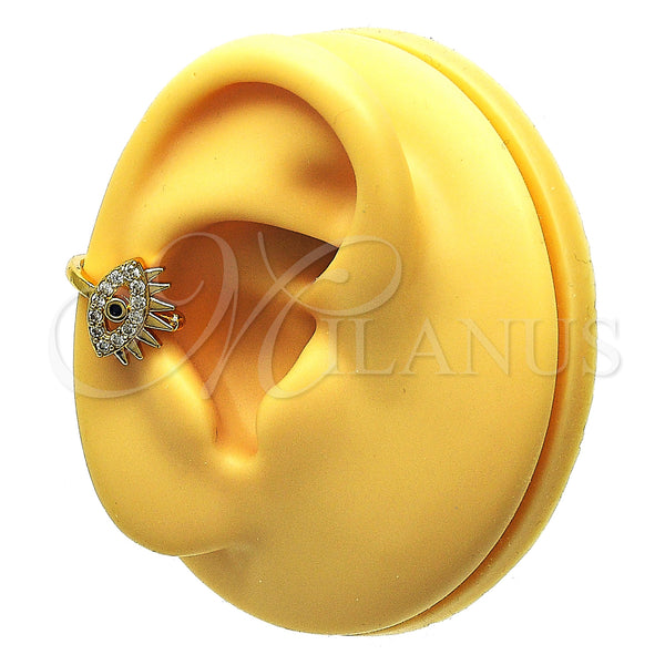 Oro Laminado Earcuff, Gold Filled Style Evil Eye Design, with White and Black Micro Pave, Polished, Golden Finish, 02.210.0681