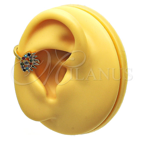 Oro Laminado Earcuff, Gold Filled Style Evil Eye Design, with Multicolor Micro Pave, Polished, Golden Finish, 02.210.0681.1