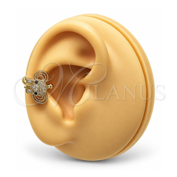 Oro Laminado Earcuff, Gold Filled Style Elephant Design, with White and Black Micro Pave, Polished, Golden Finish, 02.210.0685
