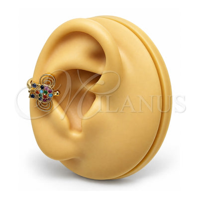 Oro Laminado Earcuff, Gold Filled Style Elephant Design, with Multicolor Micro Pave, Polished, Golden Finish, 02.210.0685.1