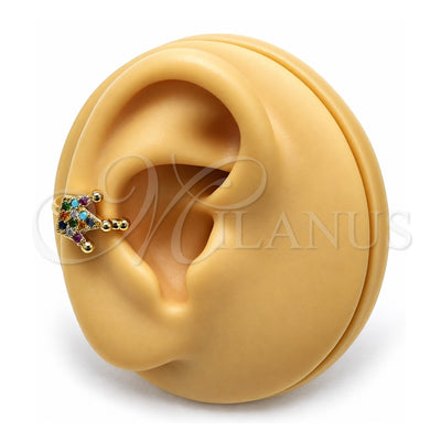 Oro Laminado Earcuff, Gold Filled Style Crown Design, with Multicolor Micro Pave, Polished, Golden Finish, 02.210.0686.1