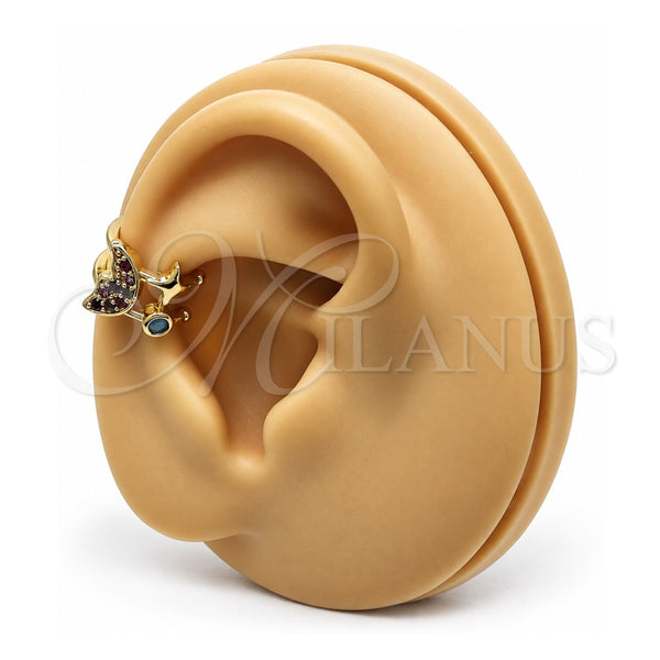 Oro Laminado Earcuff, Gold Filled Style Moon Design, with Multicolor Micro Pave and Turquoise Cubic Zirconia, Polished, Golden Finish, 02.210.0688.1