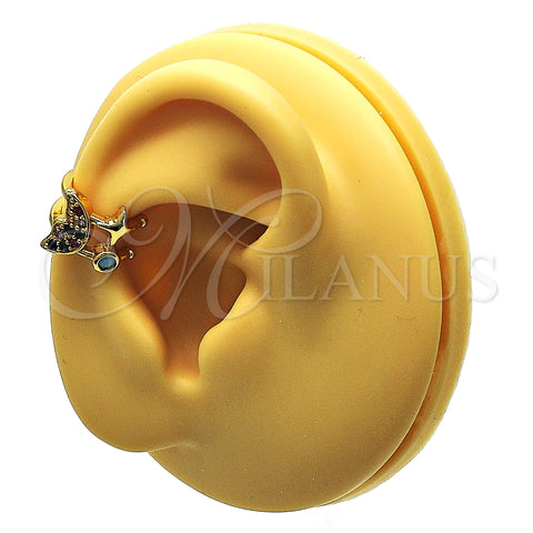 Oro Laminado Earcuff, Gold Filled Style Moon Design, with Multicolor Micro Pave and Turquoise Cubic Zirconia, Polished, Golden Finish, 02.210.0688.1