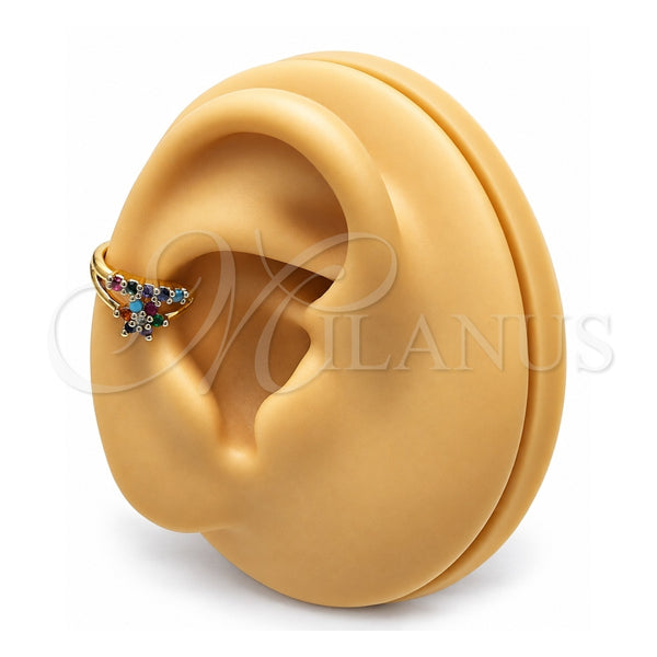 Oro Laminado Earcuff, Gold Filled Style Flower Design, with Multicolor Micro Pave, Polished, Golden Finish, 02.210.0693.1