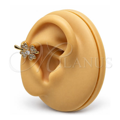 Oro Laminado Earcuff, Gold Filled Style Four-leaf Clover Design, with White Micro Pave, Polished, Golden Finish, 02.210.0694