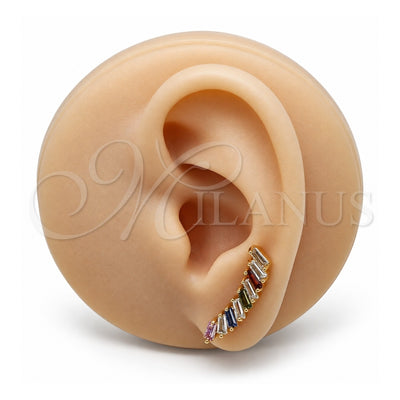 Oro Laminado Earcuff, Gold Filled Style Baguette Design, with Multicolor Cubic Zirconia, Polished, Golden Finish, 02.210.0695.1