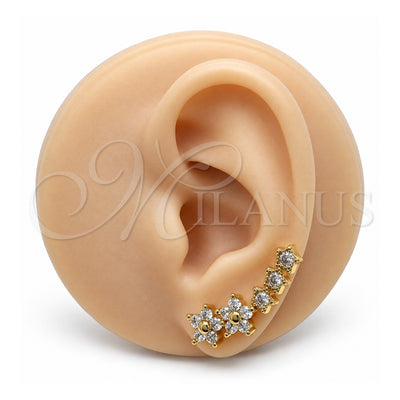 Oro Laminado Earcuff, Gold Filled Style Flower and Star Design, with White Micro Pave and White Cubic Zirconia, Polished, Golden Finish, 02.210.0698