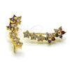 Oro Laminado Earcuff, Gold Filled Style Flower and Star Design, with Multicolor Micro Pave and White Cubic Zirconia, Polished, Golden Finish, 02.210.0698.1