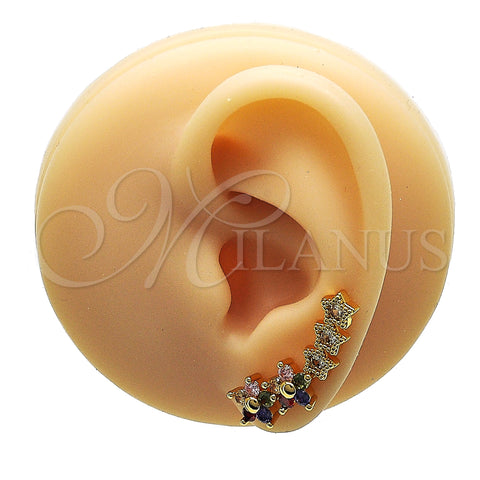 Oro Laminado Earcuff, Gold Filled Style Flower and Star Design, with Multicolor Micro Pave and White Cubic Zirconia, Polished, Golden Finish, 02.210.0698.1