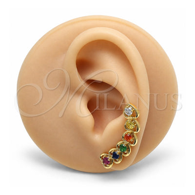 Oro Laminado Earcuff, Gold Filled Style Heart Design, with Multicolor Cubic Zirconia, Polished, Golden Finish, 02.210.0700.1