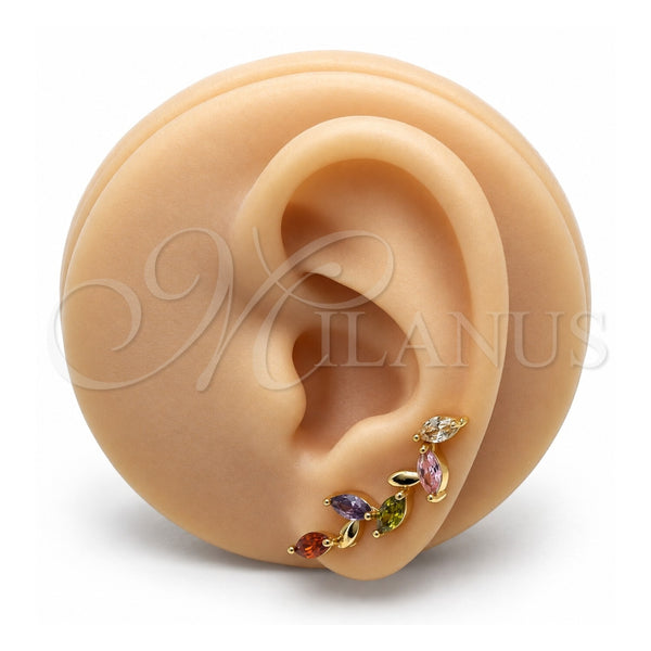 Oro Laminado Earcuff, Gold Filled Style Leaf Design, with Multicolor Cubic Zirconia, Polished, Golden Finish, 02.210.0701.1