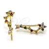 Oro Laminado Earcuff, Gold Filled Style Flower Design, with Multicolor Micro Pave, Polished, Golden Finish, 02.210.0702.1
