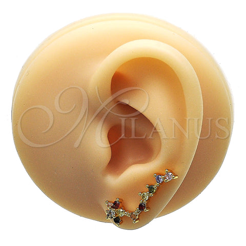 Oro Laminado Earcuff, Gold Filled Style Flower Design, with Multicolor Micro Pave, Polished, Golden Finish, 02.210.0702.1