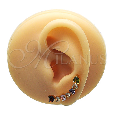 Oro Laminado Earcuff, Gold Filled Style Heart Design, with Multicolor Cubic Zirconia, Polished, Golden Finish, 02.210.0703.1