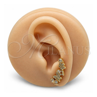 Oro Laminado Earcuff, Gold Filled Style Butterfly and Flower Design, with White Micro Pave and White Cubic Zirconia, Polished, Golden Finish, 02.210.0704