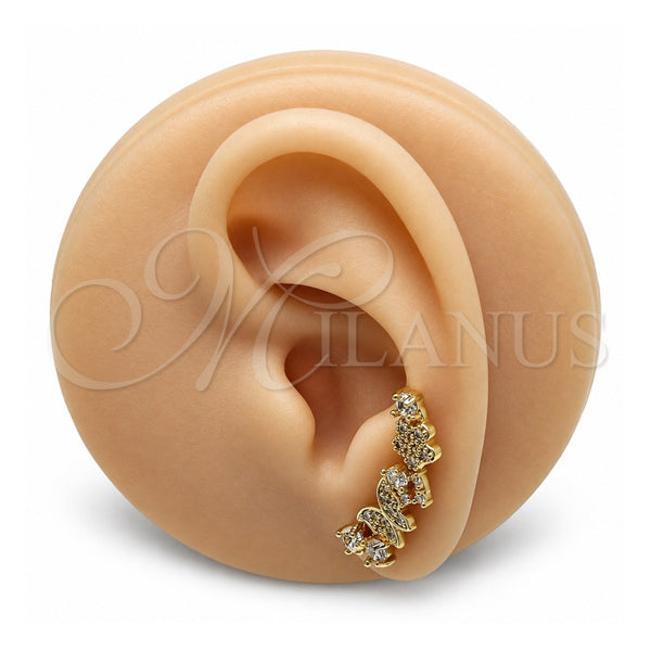 Oro Laminado Earcuff, Gold Filled Style Butterfly and Flower Design, with White Micro Pave and White Cubic Zirconia, Polished, Golden Finish, 02.210.0704