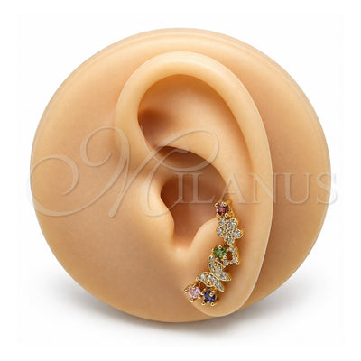 Oro Laminado Earcuff, Gold Filled Style Butterfly and Flower Design, with Multicolor Cubic Zirconia and White Micro Pave, Polished, Golden Finish, 02.210.0704.1