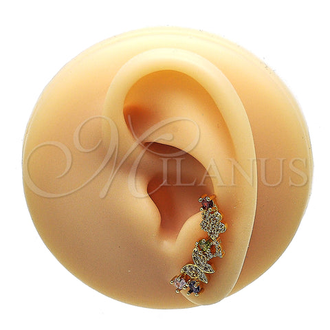 Oro Laminado Earcuff, Gold Filled Style Butterfly and Flower Design, with Multicolor Cubic Zirconia and White Micro Pave, Polished, Golden Finish, 02.210.0704.1