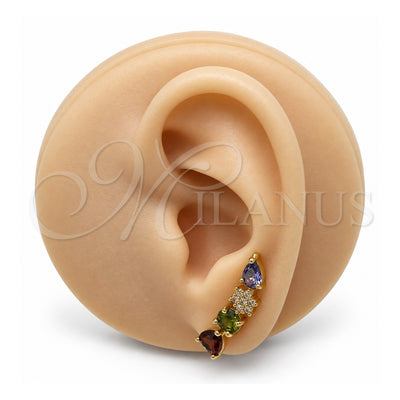 Oro Laminado Earcuff, Gold Filled Style Heart and Teardrop Design, with Multicolor Cubic Zirconia and White Micro Pave, Polished, Golden Finish, 02.210.0706.1