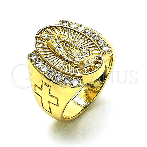 Oro Laminado Multi Stone Ring, Gold Filled Style Guadalupe and Cross Design, with White Cubic Zirconia, Polished, Golden Finish, 01.380.0019.07 (Size 7)
