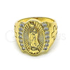 Oro Laminado Multi Stone Ring, Gold Filled Style Guadalupe and Cross Design, with White Cubic Zirconia, Polished, Golden Finish, 01.380.0019.08 (Size 8)