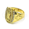 Oro Laminado Multi Stone Ring, Gold Filled Style Guadalupe and Cross Design, with White Cubic Zirconia, Polished, Golden Finish, 01.380.0019.08 (Size 8)