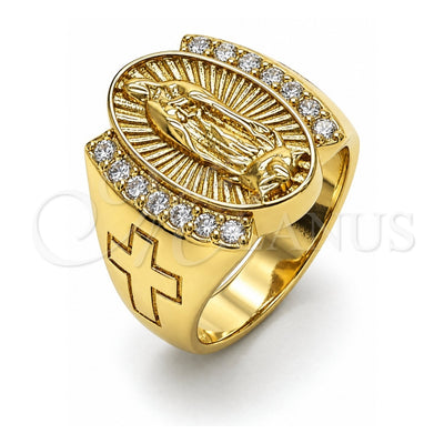 Oro Laminado Multi Stone Ring, Gold Filled Style Guadalupe and Cross Design, with White Cubic Zirconia, Polished, Golden Finish, 01.380.0019.08 (Size 8)