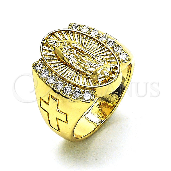 Oro Laminado Multi Stone Ring, Gold Filled Style Guadalupe and Cross Design, with White Cubic Zirconia, Polished, Golden Finish, 01.380.0019.09 (Size 9)