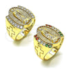 Oro Laminado Multi Stone Ring, Gold Filled Style Guadalupe and Cross Design, with White Cubic Zirconia, Polished, Golden Finish, 01.380.0019.09 (Size 9)