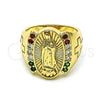 Oro Laminado Multi Stone Ring, Gold Filled Style Guadalupe and Cross Design, with Multicolor Cubic Zirconia, Polished, Golden Finish, 01.380.0019.1.09 (Size 9)