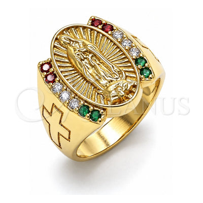 Oro Laminado Multi Stone Ring, Gold Filled Style Guadalupe and Cross Design, with Multicolor Cubic Zirconia, Polished, Golden Finish, 01.380.0019.1.09 (Size 9)