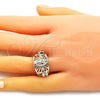 Oro Laminado Multi Stone Ring, Gold Filled Style Guadalupe and Elephant Design, with White and Black Cubic Zirconia, Polished, Golden Finish, 01.380.0020.08 (Size 8)